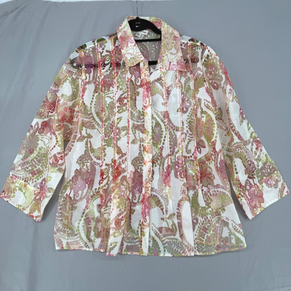 Coldwater Creek Womens XL Sheer Floral Paisley Button‎ Front Blouse 3/4 Sleeve